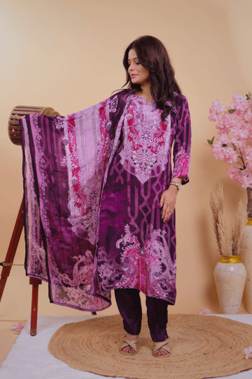 Qurbat Signature Muslin Suit – Plum Perfection in Every Thread - Qurbat
