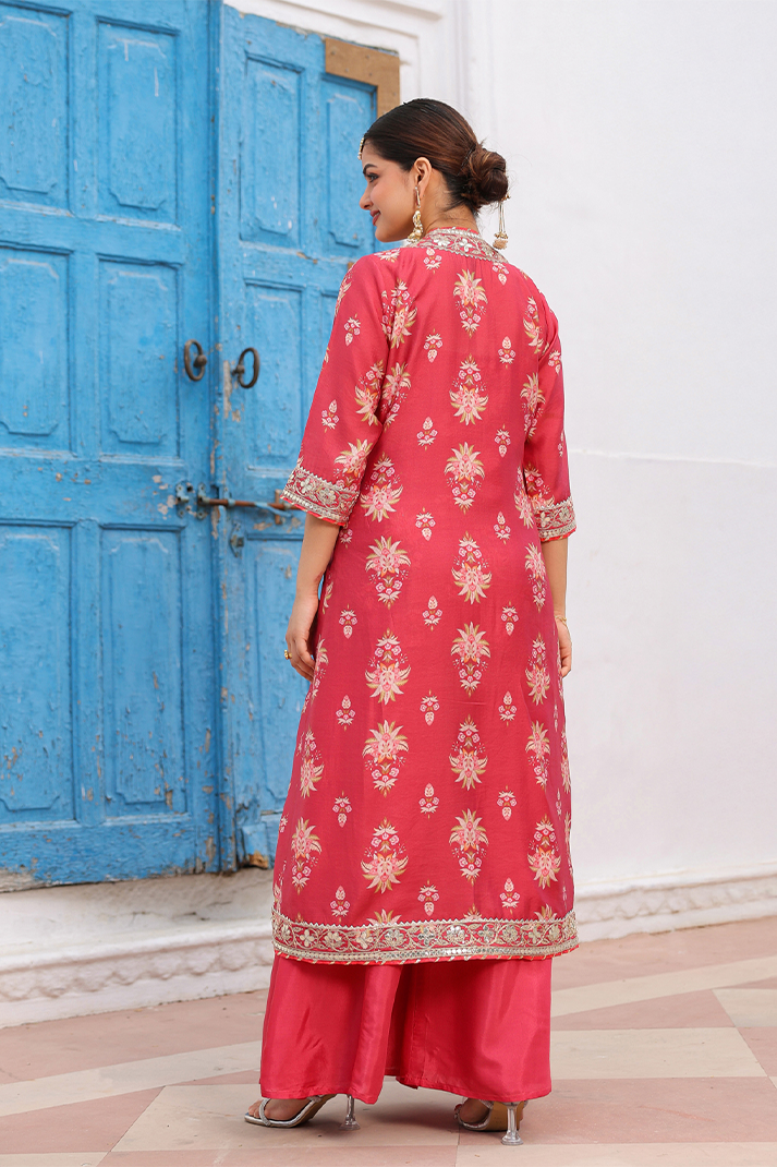 Coral Chanderi Silk Floral Printed Shrug Set