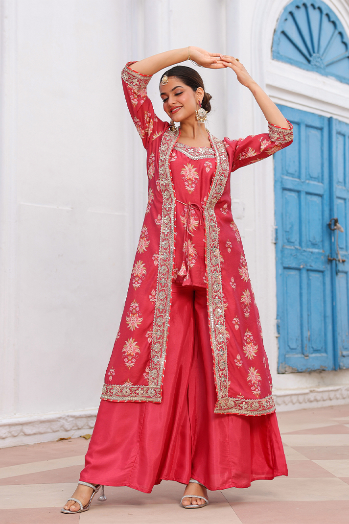 Coral Chanderi Silk Floral Printed Shrug Set
