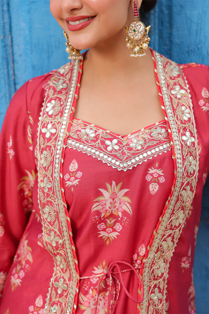 Coral Chanderi Silk Floral Printed Shrug Set