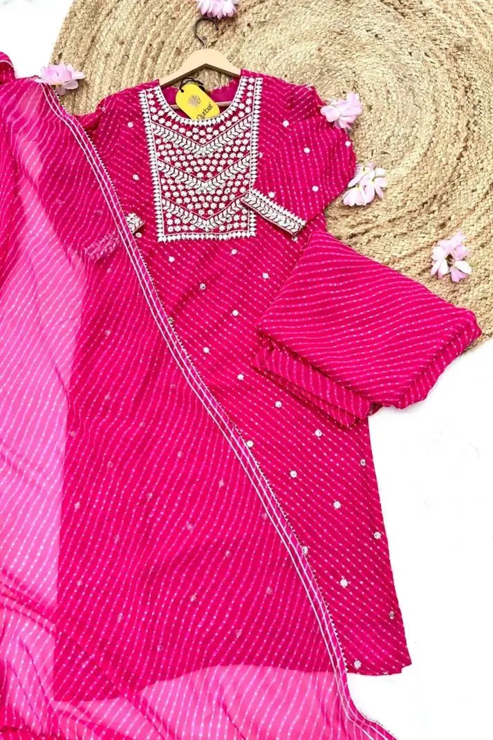 Rani Pink Festive Striped Suit Set with Intricate Gota Embroidery - Qurbat
