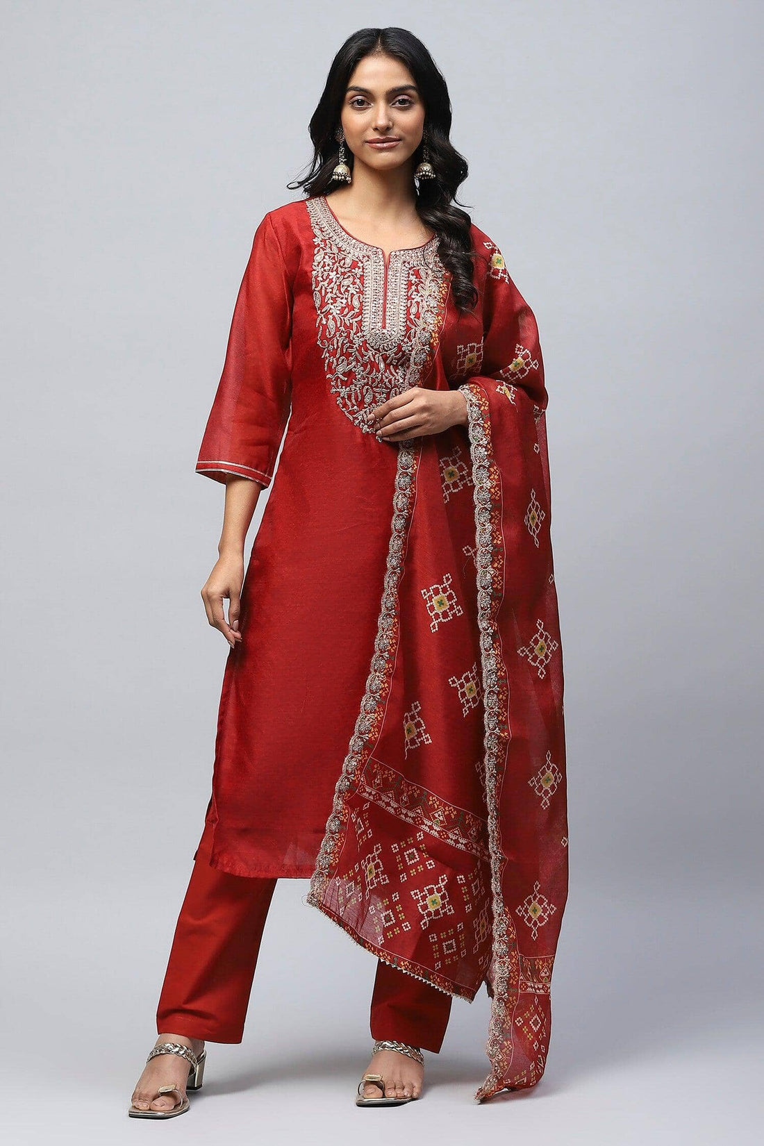 Red Printed Suit Set for Women with Hand Embroidery - Qurbat