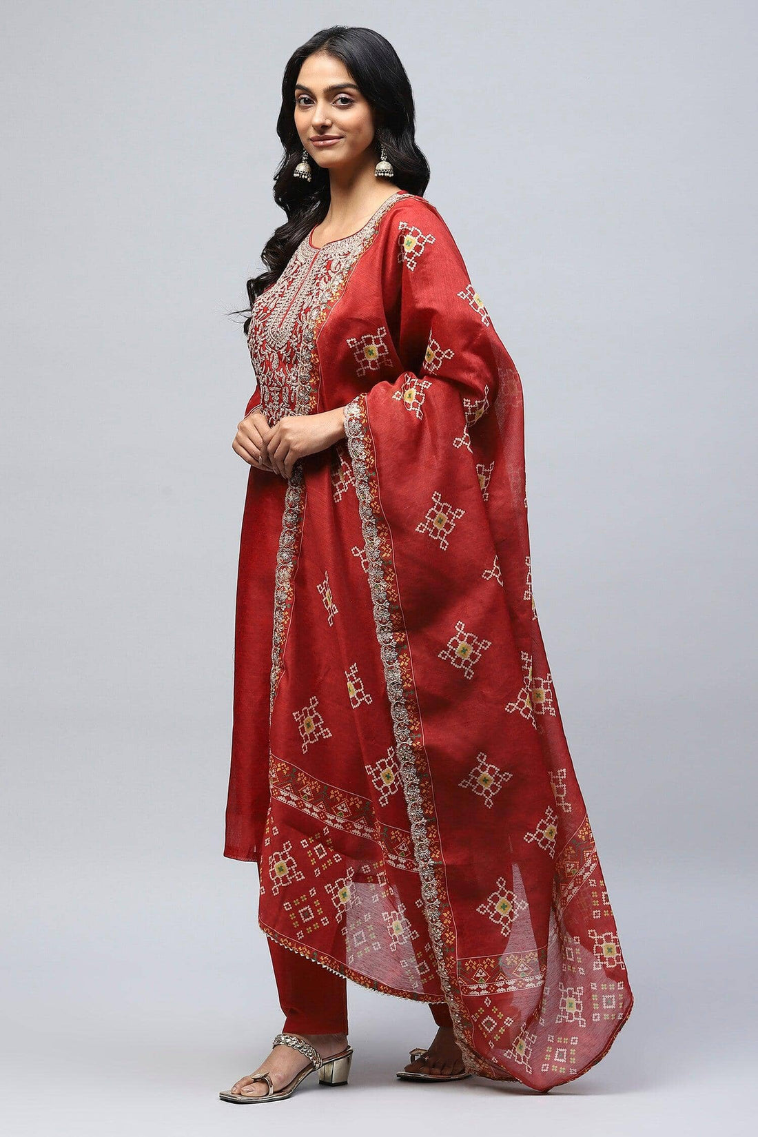 Red Printed Suit Set for Women with Hand Embroidery - Qurbat