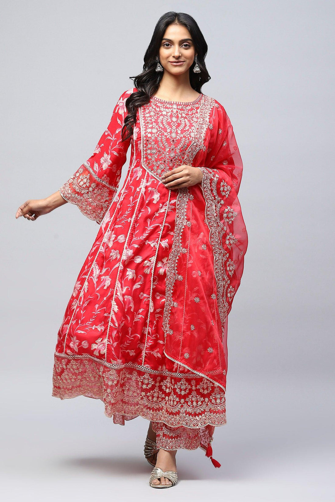 Red Rayon Printed Suite Set For Women - Qurbat