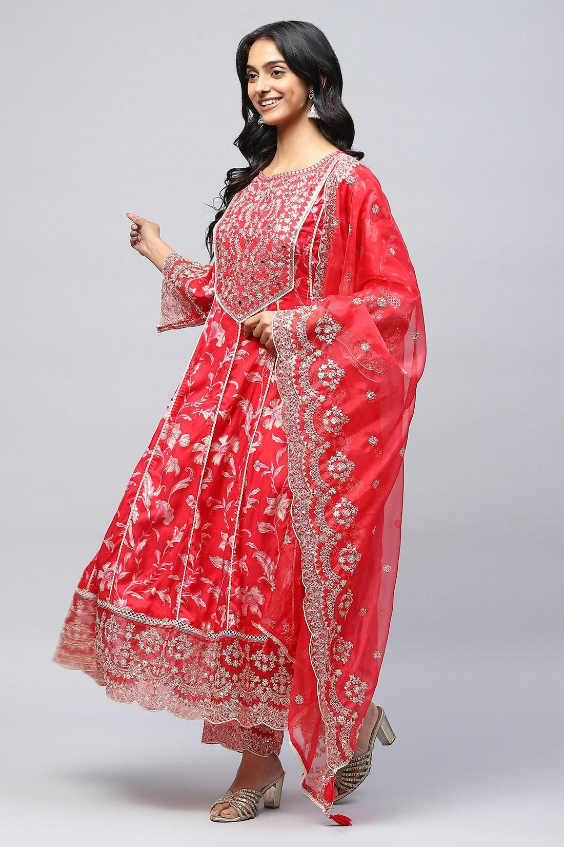 Red Rayon Printed Suite Set For Women - Qurbat