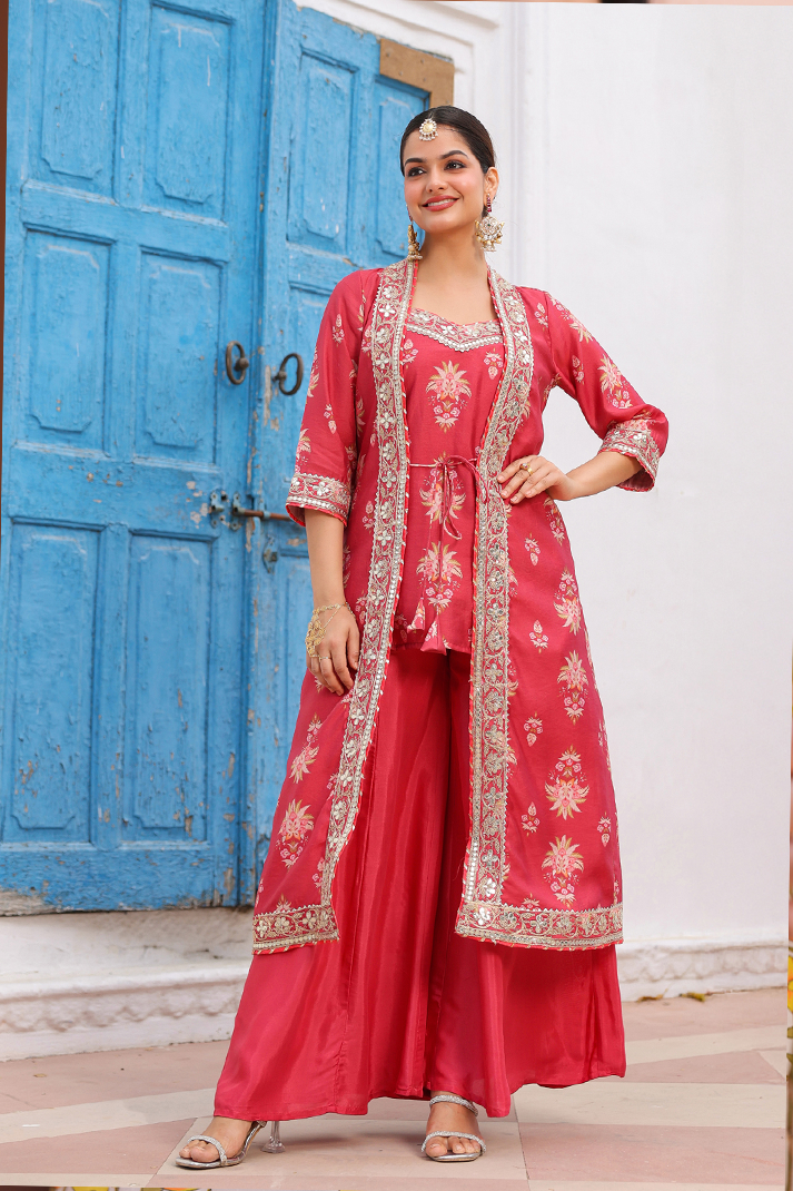Coral Chanderi Silk Floral Printed Shrug Set