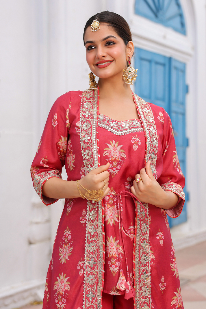 Coral Chanderi Silk Floral Printed Shrug Set