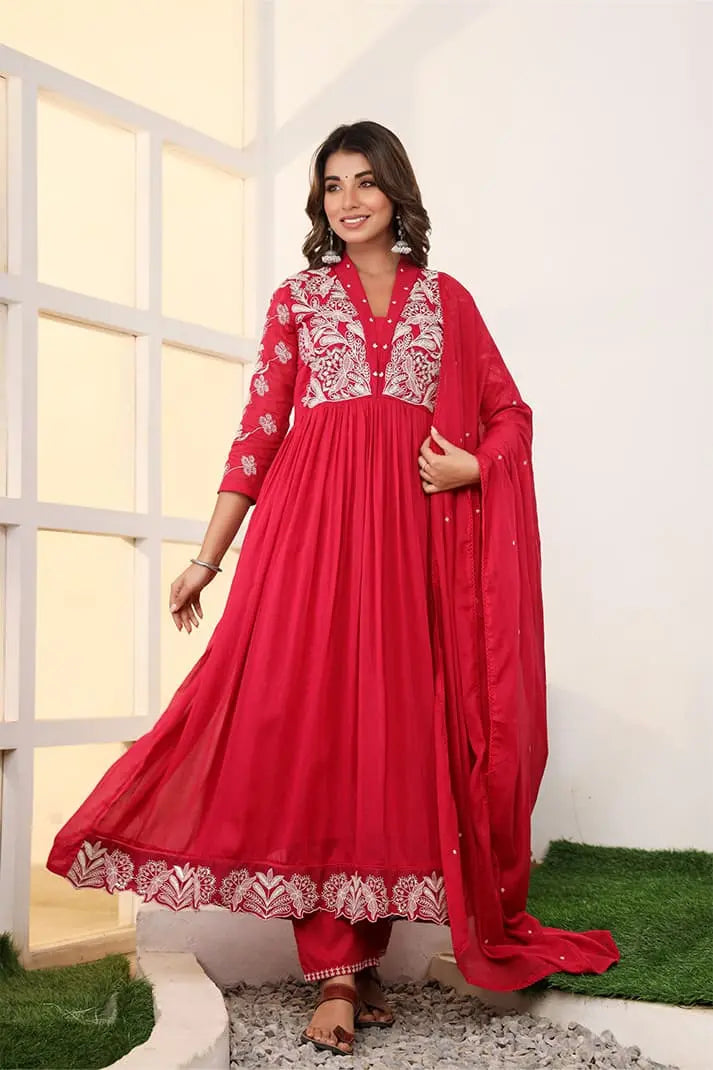 Crimson Red Embroidered Anarkali Suit Set with Dupatta