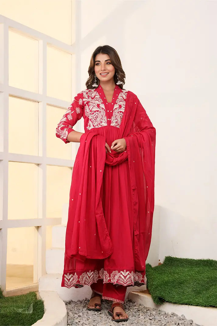 Crimson Red Embroidered Anarkali Suit Set with Dupatta