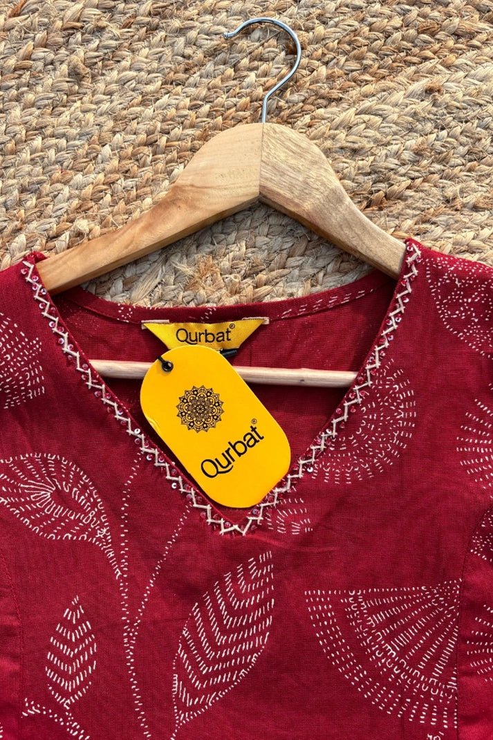 Rustic RED Cotton Co - ord Set – with Delicate Print Work - Qurbat