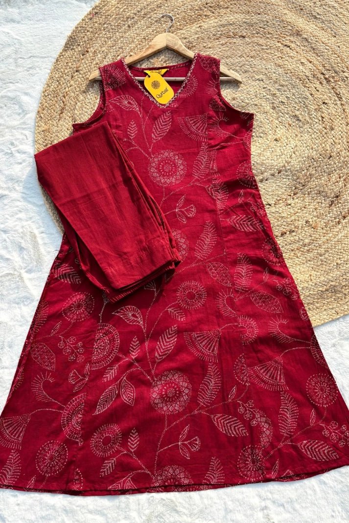 Rustic RED Cotton Co - ord Set – with Delicate Print Work - Qurbat