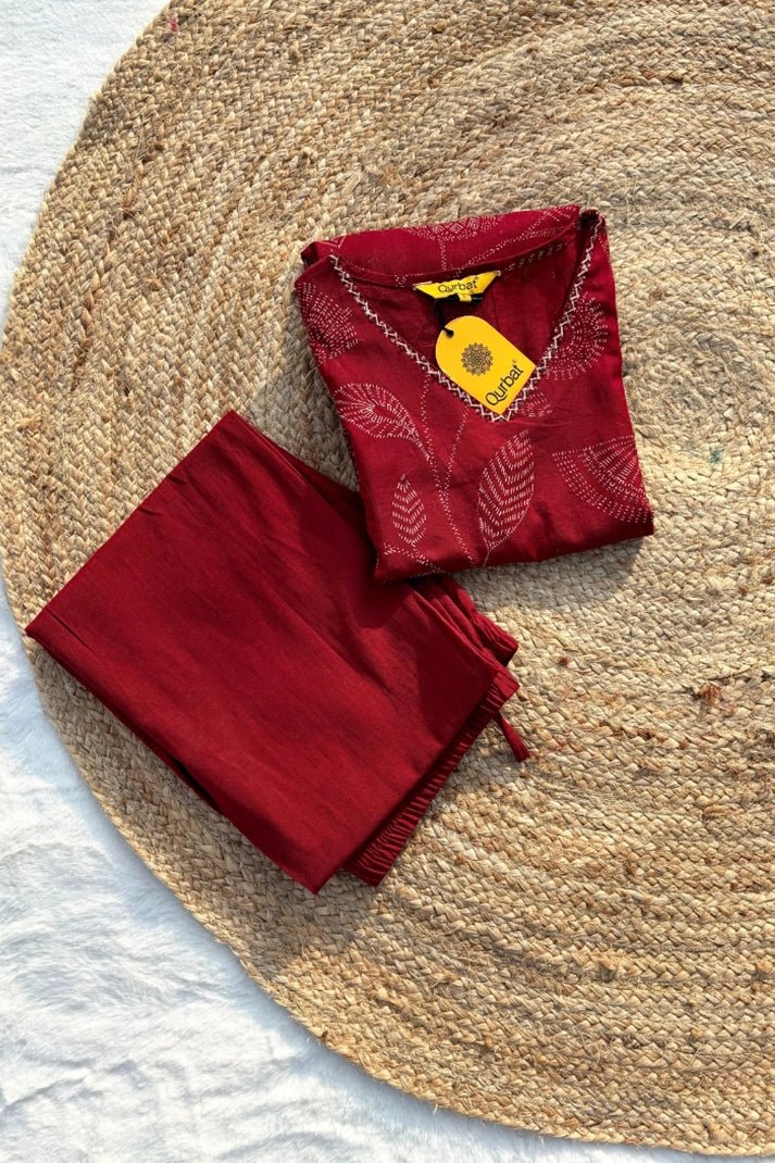 Rustic RED Cotton Co - ord Set – with Delicate Print Work - Qurbat