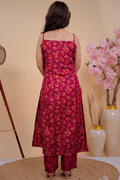 Scarlet Red Floral Cotton Kurta with Shoulder Straps - Qurbat