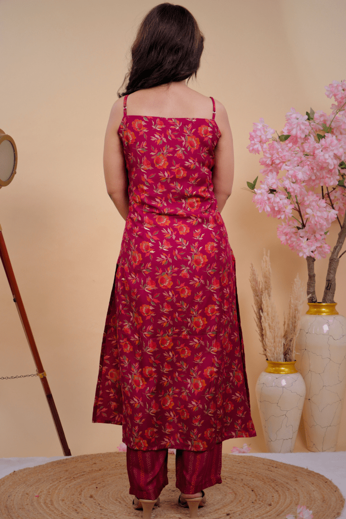 Scarlet Red Floral Cotton Kurta with Shoulder Straps - Qurbat
