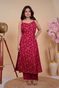 Scarlet Red Floral Cotton Kurta with Shoulder Straps - Qurbat