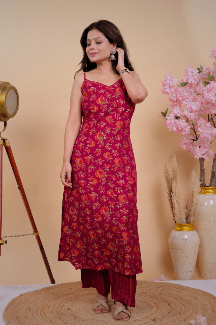Scarlet Red Floral Cotton Kurta with Shoulder Straps - Qurbat