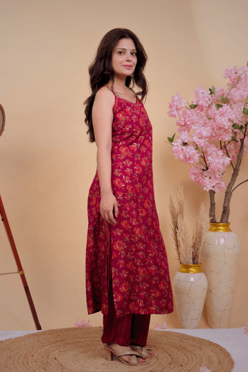 Scarlet Red Floral Cotton Kurta with Shoulder Straps - Qurbat
