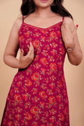 Scarlet Red Floral Cotton Kurta with Shoulder Straps - Qurbat