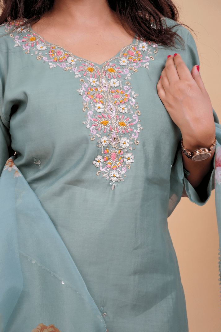 Sea Green Blossom Embroidered Muslin Suit Set - Qurbat