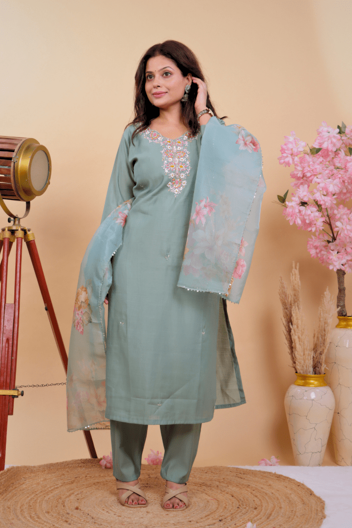 Sea Green Blossom Embroidered Muslin Suit Set - Qurbat
