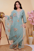 Sea Green Blossom Embroidered Muslin Suit Set - Qurbat