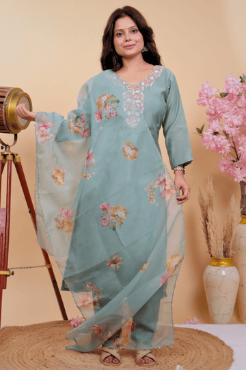 Sea Green Blossom Embroidered Muslin Suit Set - Qurbat
