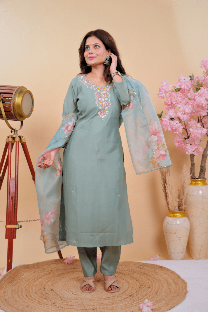 Sea Green Blossom Embroidered Muslin Suit Set - Qurbat