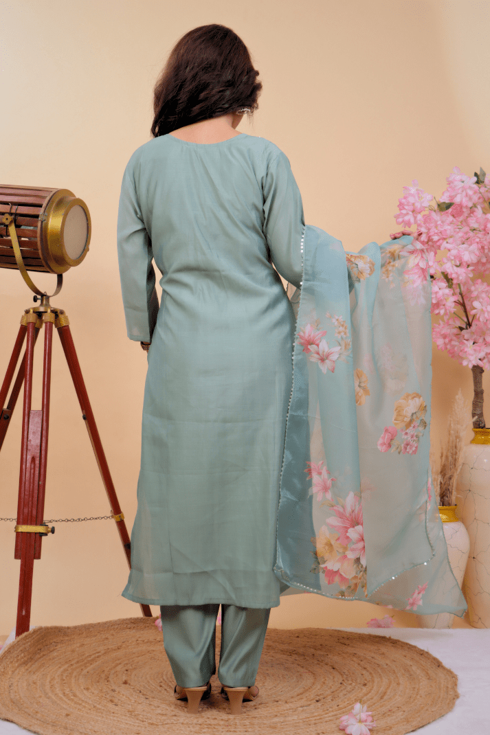 Sea Green Blossom Embroidered Muslin Suit Set - Qurbat