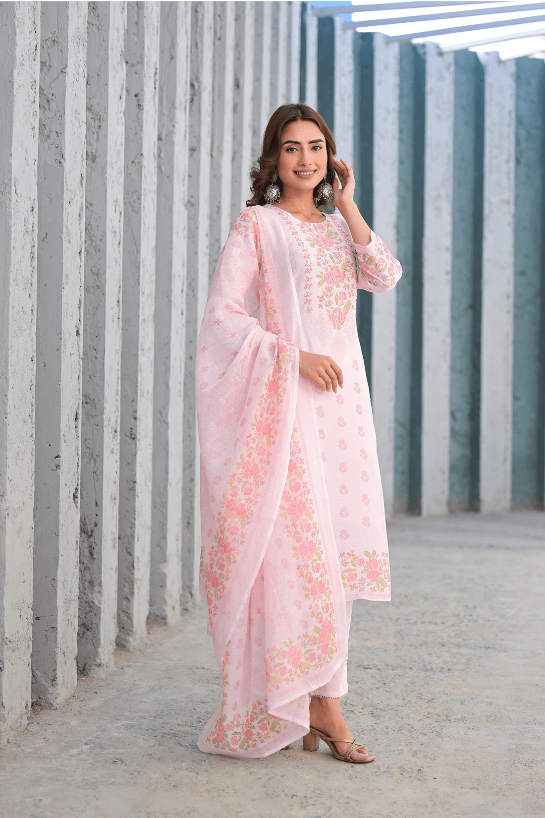 Soft Pink Floral Embroidered Three - Piece Suit Set - Qurbat