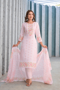 Soft Pink Floral Embroidered Three - Piece Suit Set - Qurbat
