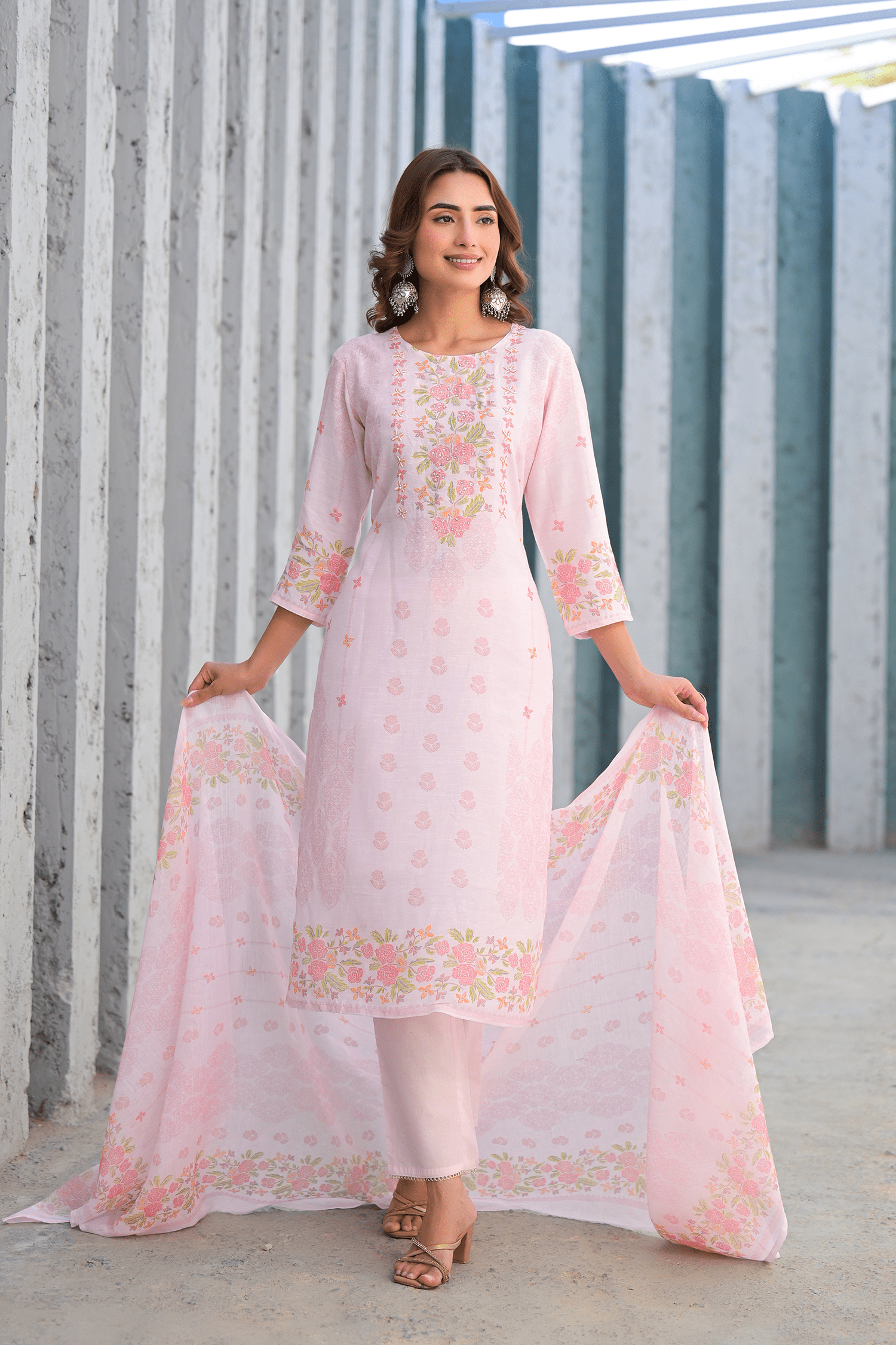 Soft Pink Floral Embroidered Three - Piece Suit Set - Qurbat