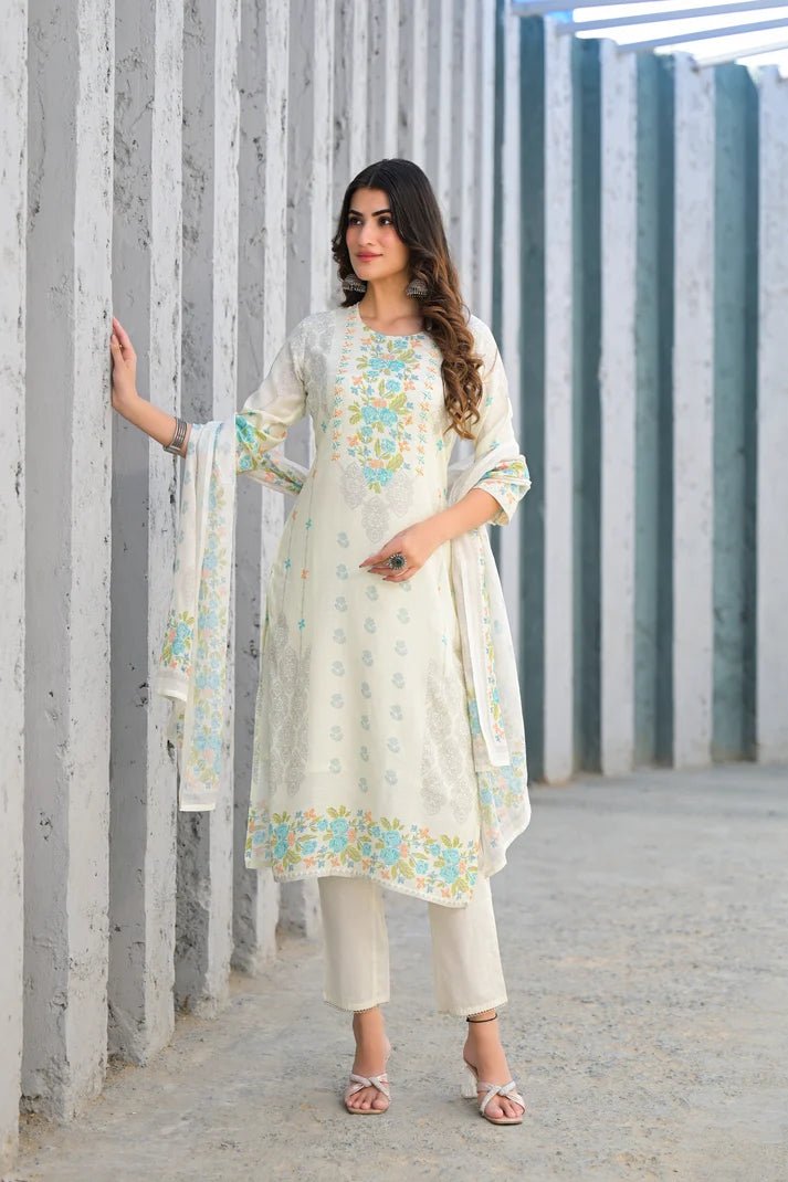 Soft Pink Floral Embroidered Three - Piece Suit Set - Qurbat