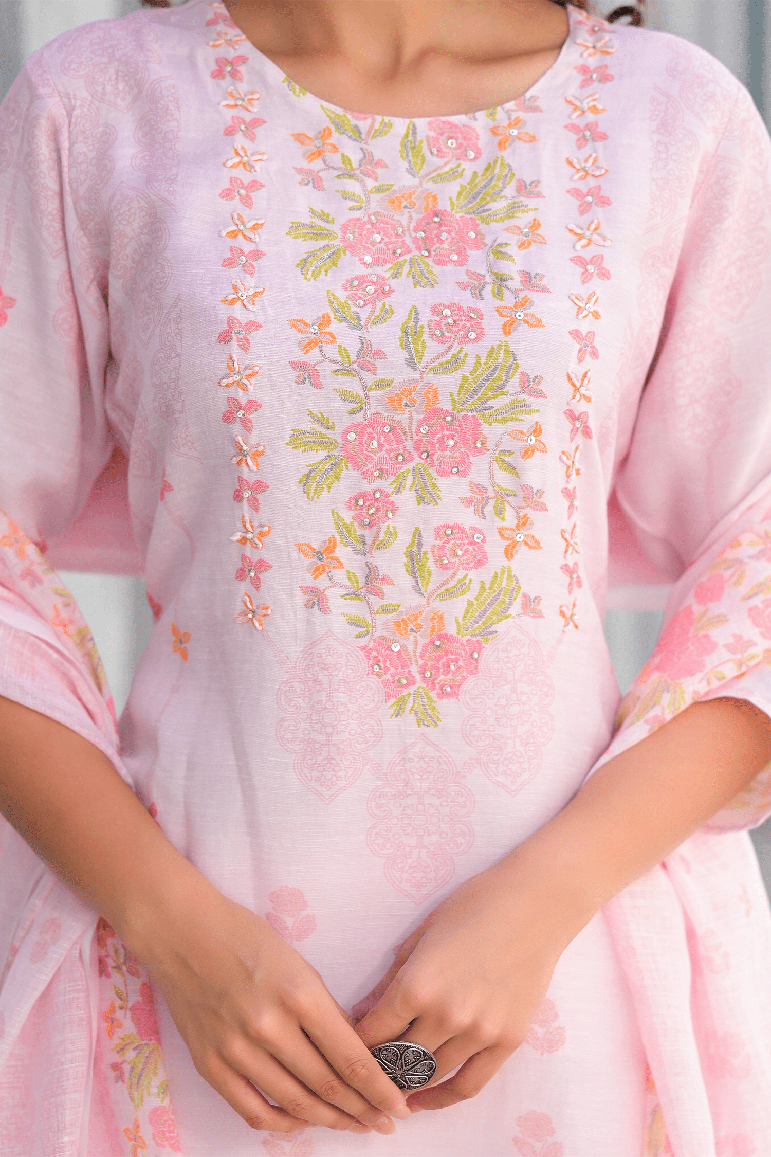 Soft Pink Floral Embroidered Three - Piece Suit Set - Qurbat