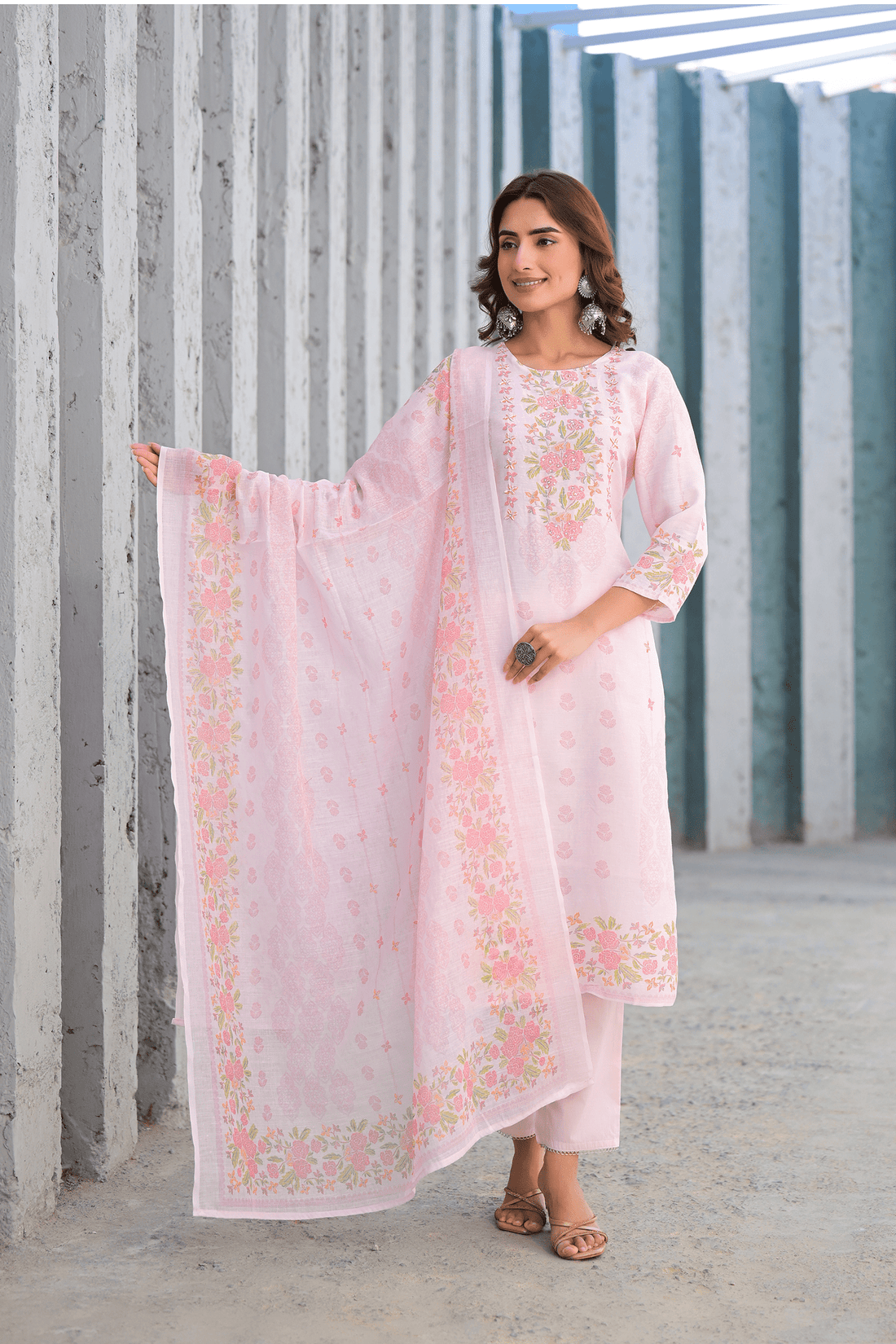 Soft Pink Floral Embroidered Three - Piece Suit Set - Qurbat