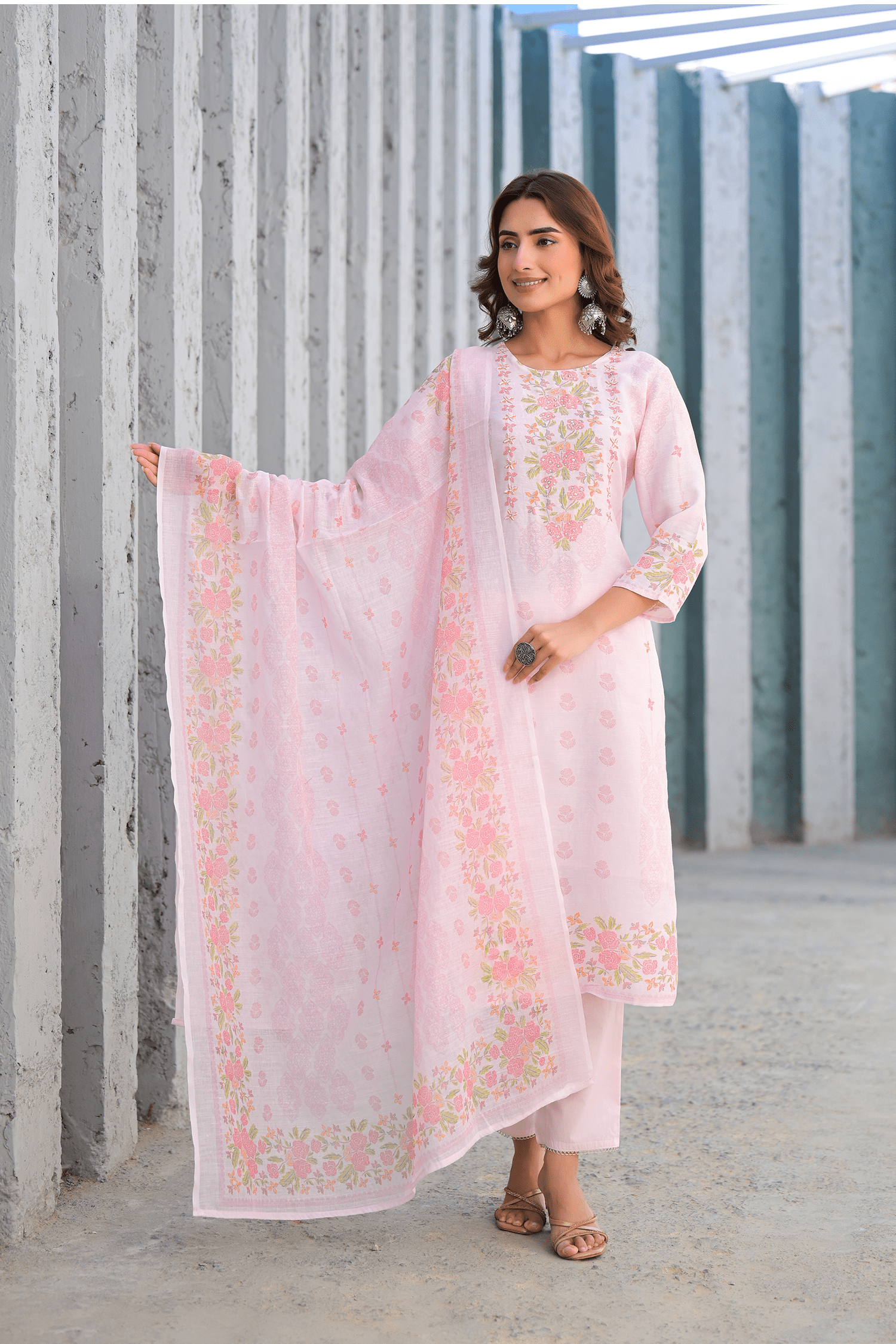 Soft Pink Floral Embroidered Three - Piece Suit Set - Qurbat