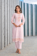 Soft Pink Floral Embroidered Three - Piece Suit Set - Qurbat