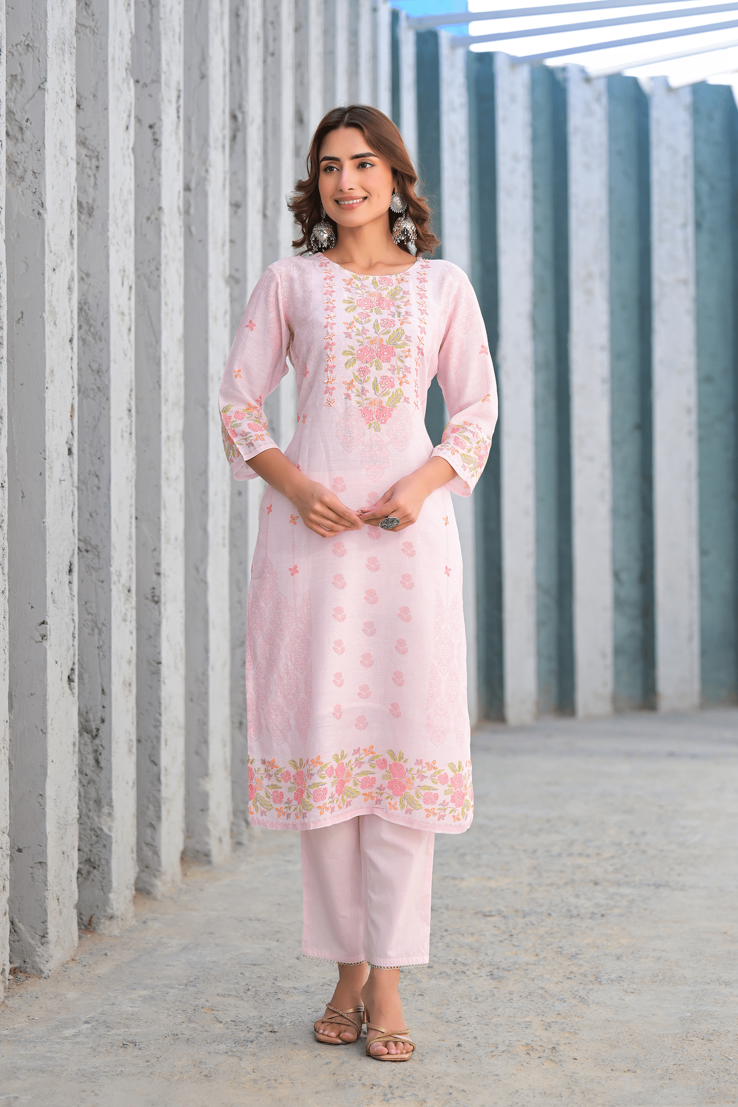 Soft Pink Floral Embroidered Three - Piece Suit Set - Qurbat