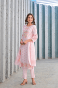 Soft Pink Floral Embroidered Three - Piece Suit Set - Qurbat