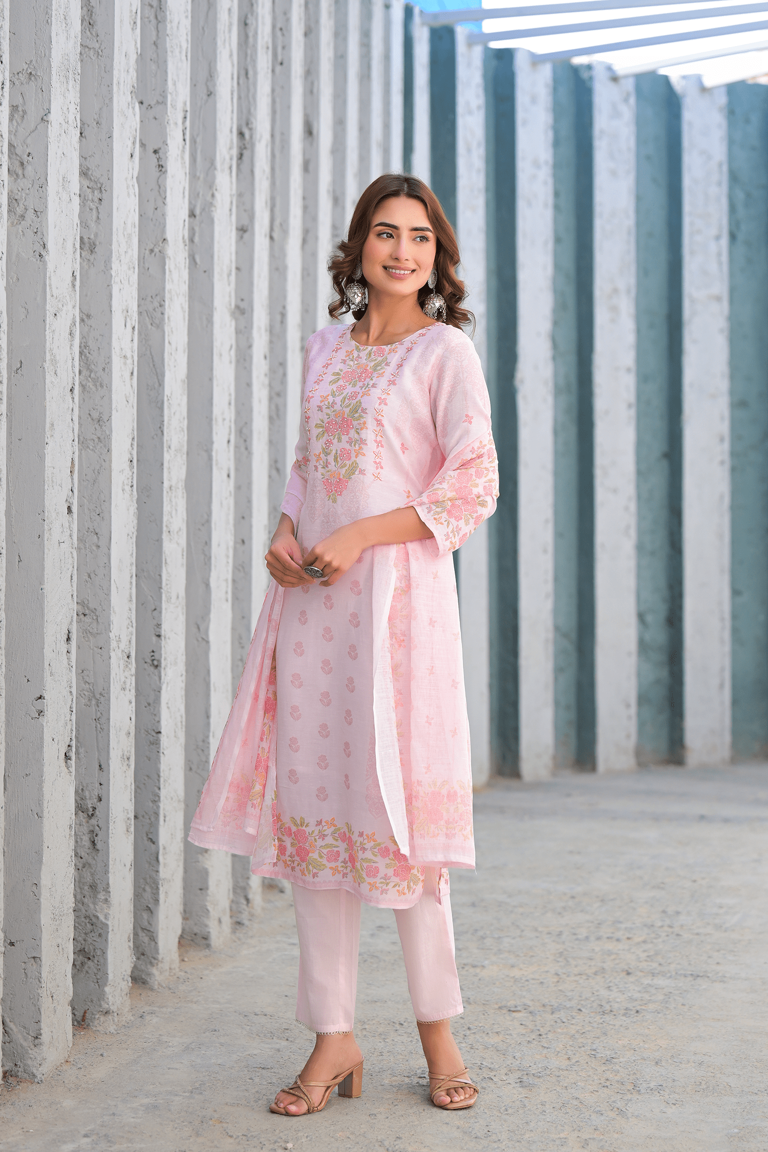 Soft Pink Floral Embroidered Three - Piece Suit Set - Qurbat