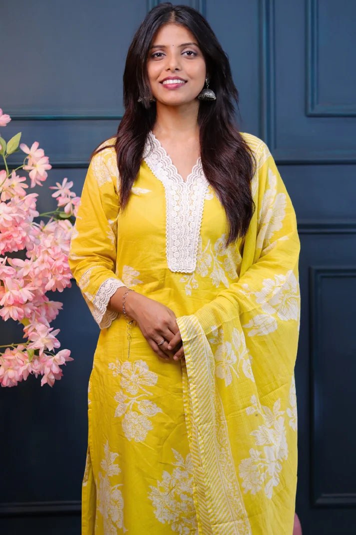 Sunshine Yellow Cotton Kurta Set with White Floral Print & Striped Dupatta – 3 Piece Summer Suit - Qurbat