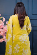 Sunshine Yellow Cotton Kurta Set with White Floral Print & Striped Dupatta – 3 Piece Summer Suit - Qurbat