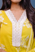 Sunshine Yellow Cotton Kurta Set with White Floral Print & Striped Dupatta – 3 Piece Summer Suit - Qurbat