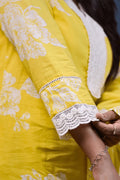 Sunshine Yellow Cotton Kurta Set with White Floral Print & Striped Dupatta – 3 Piece Summer Suit - Qurbat