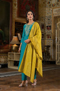 Teal Green Straight Kurta Set with Yellow Bandhej Dupatta & Hand Embroidery - Qurbat