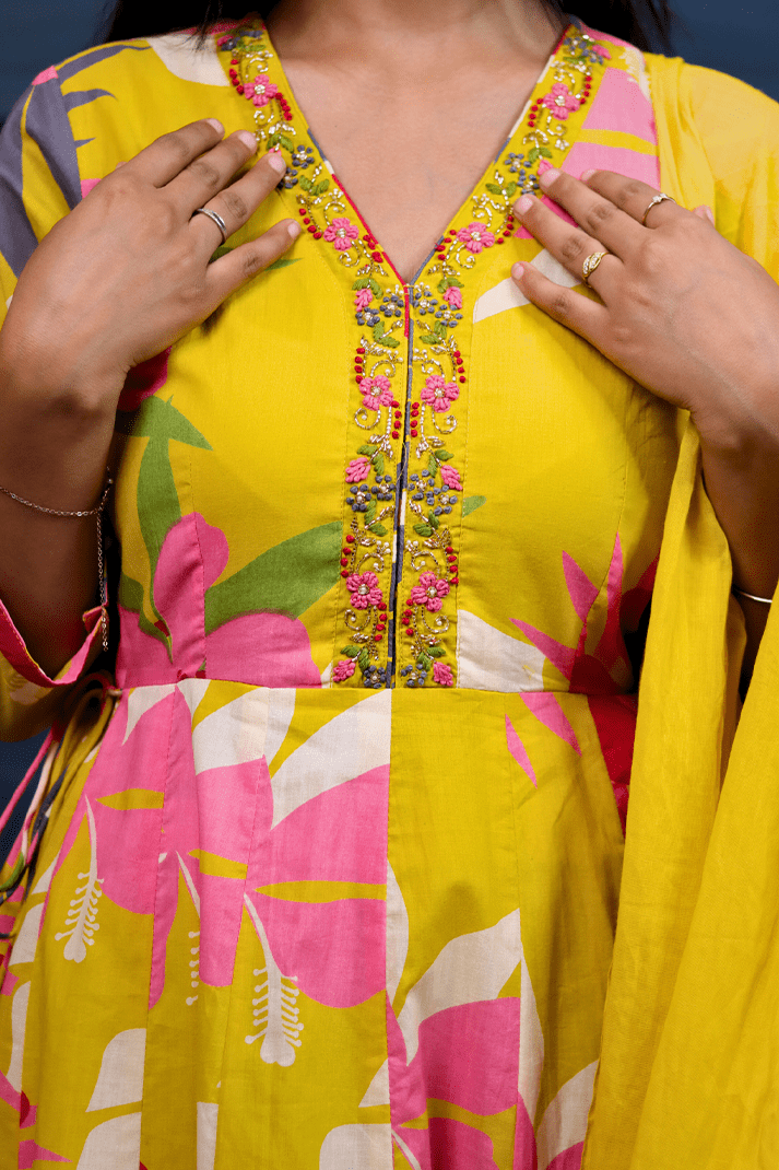 Tropical Bloom Yellow Anarkali Set with Hand Embroidered Neckline - Qurbat