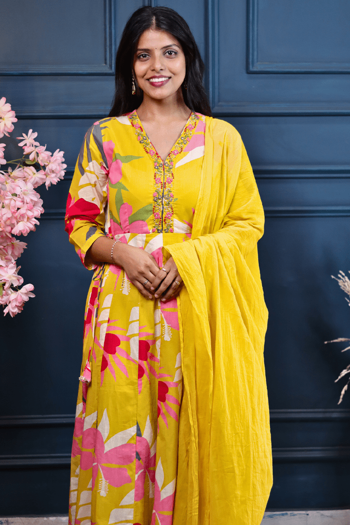Tropical Bloom Yellow Anarkali Set with Hand Embroidered Neckline - Qurbat