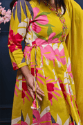 Tropical Bloom Yellow Anarkali Set with Hand Embroidered Neckline - Qurbat