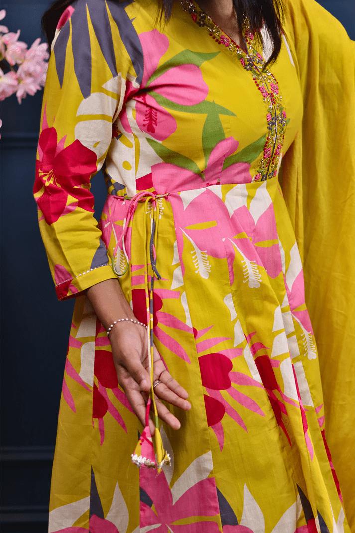 Tropical Bloom Yellow Anarkali Set with Hand Embroidered Neckline - Qurbat