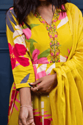Tropical Bloom Yellow Anarkali Set with Hand Embroidered Neckline - Qurbat