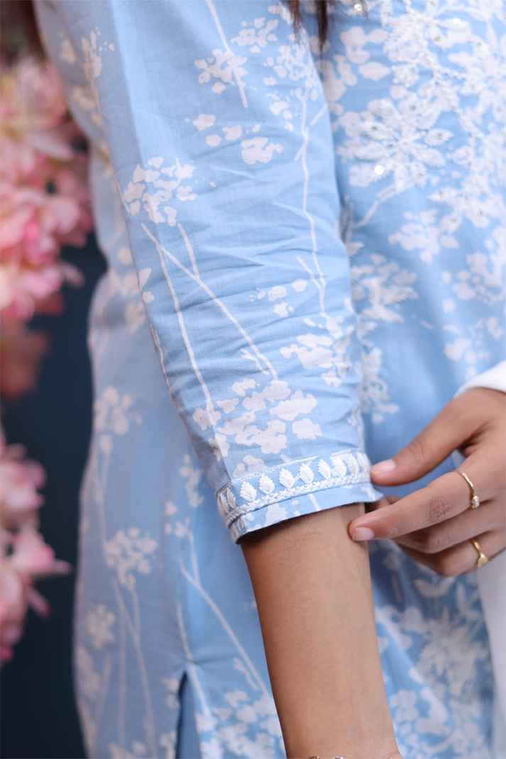 Blue Cotton Kurta Set with White Floral Embroidery & Dip-Dye Dupatta – 3 Piece Set